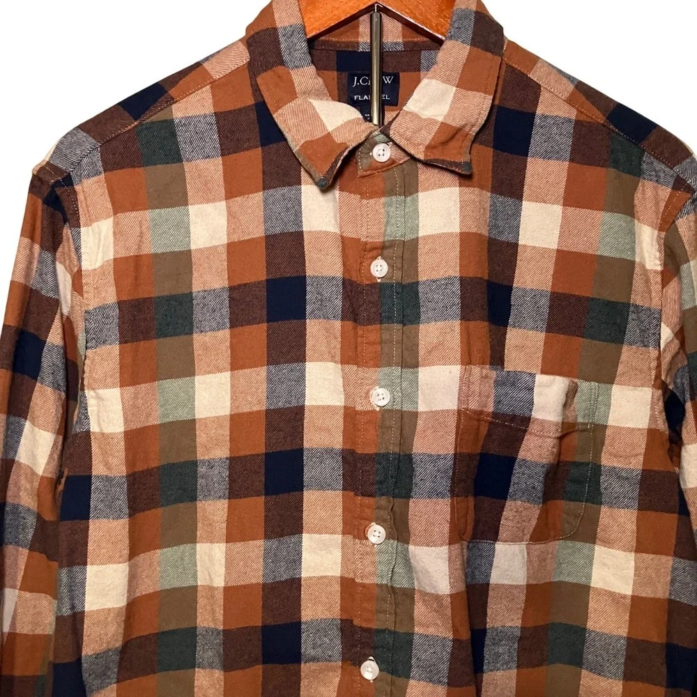 J. Crew Mens Large Flannel Button Down Shirt Brown Green Plaid Long Sleeve